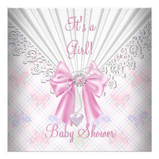 Pink Girl Baby Shower Lace Diamonds Bow Image Personalized Invitation