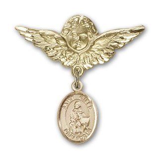 JewelsObsession's 14K Gold Baby Badge with St. Giles Charm and Angel with Wings Badge Pin: Jewels Obsession: Jewelry