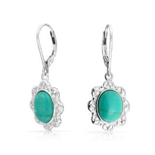 Bling Jewelry Oval Turquoise Leverback Earrings Antique 925 Silver Filigree Dangle Earrings Jewelry