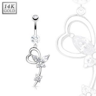 14 Karat Solid White Gold Navel Ring with Marquise CZ Butterfly Heart Loop Dangle Body Jewelry: Forever Flawless Jewelry: Jewelry