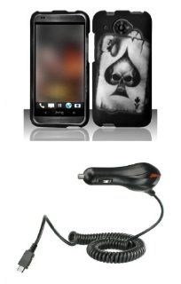 HTC Desire 601   Accessory Combo Kit   Black Ace Skull Design Shield Case + Atom LED Keychain Light + Micro USB Car Charger Cell Phones & Accessories