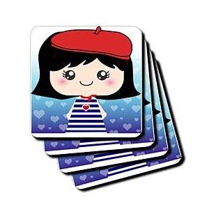 cst_76614_1 InspirationzStore Squeables   Cute Kawaii Cartoon French Girl Doll in traditional France Paris Blue Stripe Dress red beret hat   Coasters   set of 4 Coasters   Soft: Kitchen & Dining