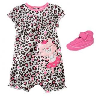 Jumping Beans Pink Kitty Romper & Leather Soft Sole Shoes, Size: 3 Mths: Clothing