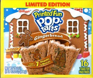 Kellogg's Printed Fun Pop Tarts, Gingerbread   Limited Edition 16 Count Toaster Pastries, 28.2 oz Box : Grocery & Gourmet Food
