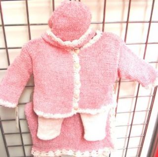Hand Knitted Crochet Finished Baby Raspberry Chenille Baby Pink Trim Cardigan Pant Hat Set with Matching Large Blanket Size 31"x45" (6 12mo): Infant And Toddler Pants Clothing Sets: Clothing