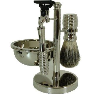 Four Piece Chrome Shaving Shave Set Includes Mach 3 Razor & Badger Brush with Stand and Removable Bowl: Health & Personal Care