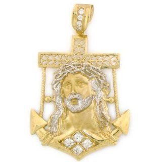 14K Yellow Gold Jesus Cross Anchor Large Charm Pendant: Jewelry