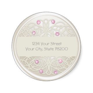 Pink Crystal and Pearl Damask Return Address Seal Round Stickers