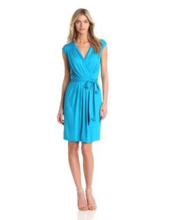 Three Dots Women's Cap Sleeve Faux Wrap Dress With Tie, Bright Teal, X Large at  Womens Clothing store: