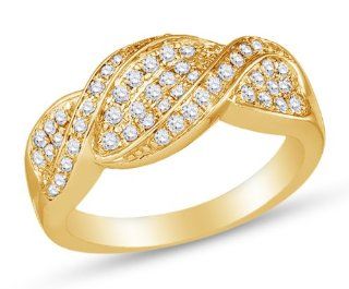 14K Yellow Gold Ladies Womens Prong Set Cross Over Round Brilliant Cut Diamond Wedding Band OR Anniversary Ring (1/2 cttw.): Jewelry