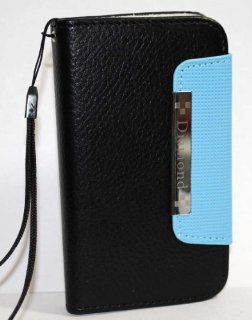 Light Blue with Black Clasp Book Style Leather Pouch + Built in Hand Strap + Credit Card Slots for Apple iPhone 5 Cell Phone Carrying Case / Pouch Clasp Cell Phones & Accessories