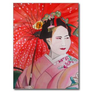 Japanese Geisha with red umbrella original art Postcards