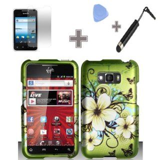 Rubberized Hawaiian Flower Snap on Design Hard Case with Screen Protector Film,Case Opener and Stylus Pen for Sprint LG Optimus Elite LS696   Green: Cell Phones & Accessories