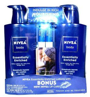 Nivea Body Essentially Enriched Daily Lotion Set (16.9 fl oz X 2) Plus Nivea Lip Care Set (0.17 oz X 2) : Body Scrubs : Beauty