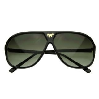 zeroUV   Large Retro Stunner Plastic Aviator Sunglasses w/ Mustang Horse Logo (Black): Shoes
