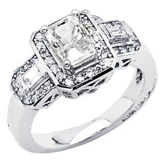 14K White Gold High Polish Finish Emerald cut 1.85 CTW Equivalent Top Quality Shines CZ Cubic Zirconia Ladies Solitaire Wedding Engagement Ring Band: Jewelry