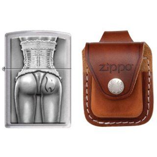 Zippo 2446 Classic Sexy Woman In Corset Back Brushed Chrome Finish Lighter with Zippo Brown Leather Loop Pouch: Watches