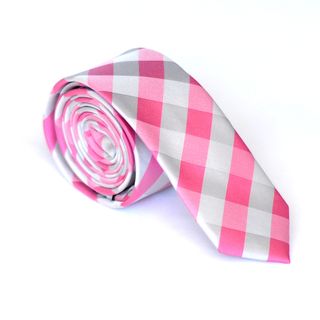 Skinny Tie Madness Mens Pink and gray Plaid Skinny Tie