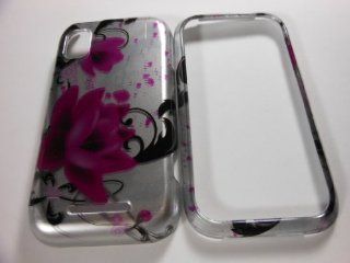 HARD PHONE CASES COVERS SKINS SNAP ON FACEPLATE PROTECTOR FOR MOTOROLA FLIPSIDE MB508 AT&T / PURPLE HAWAIIAN FLOWER BLACK VINE ON SILVER (WHOLESALE PRICE): Cell Phones & Accessories