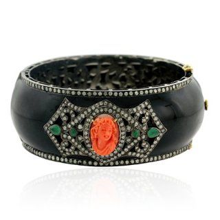 18kt Gold Enamel Diamond Pave Coral & Emerald Bangle Bracelet Antique Style Jewelry: Jewelry