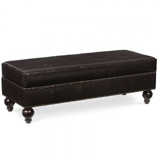 Chocolate Tufted Leather Storage Bench With Nailhead Trim