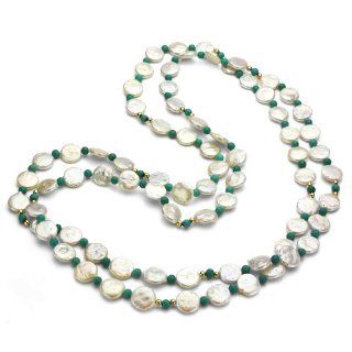 14k Yellow Gold 10 11mm White Coin Freshwater Pearl with 24pcs 3mm Yellow Gold Beads and 4mm Round Green Magnesite Endless Necklace 48" Length.: Pearl Strands: Jewelry