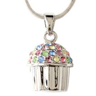 Silver with Multi Colored Crystal Rhinestones Cupcake Charm Pendant Necklace Fashion Jewelry: Cupcake Gifts: Jewelry