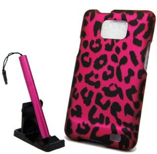5pcs combo for AT&T Samsung Galaxy S2 S II SGH i777 Hot Pink Leopard Design Rubberized Snap on Hard Cover Shield Case, pink aluminum capacitive stylus pen, adjustable mini phone stand, lcd screen protector film, case opener: Cell Phones & Accessori
