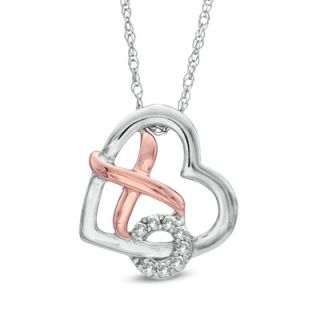 Diamond Accent Heart XO Pendant in Sterling Silver and 10K Rose Gold