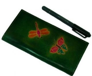 Real Leather Check Book Cover, Butterfly and dargonfly Patterns Embossed on Both Side. (Green) Fashion Swimwear Cover Ups