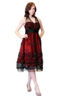 Women's Red & Black Textured Lace Halter Cocktail Dress Prom Party Gown Cocktail Dresses Evening