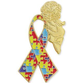 Autism Awareness Ribbon Angel 1" Lapel Pin: Jewelry