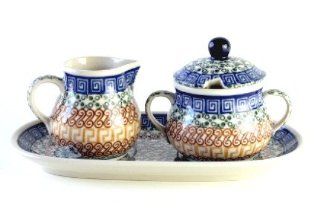 Polish Pottery Athena Small Cream & Sugar Set with Tray: Kitchen & Dining