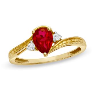 Pear Shaped Lab Created Ruby and Diamond Accent Bypass Ring in 10K
