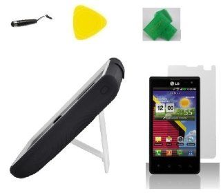 Black / White hybrid Armor w Kickstand Phone Case Cover Cell Phone Accessory + Yellow Pry Tool + Screen Protector + Stylus Pen + EXTREME Band for Lg Optimus Exceed Lg VS840pp VS840PP: Cell Phones & Accessories