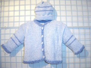 Knitted on Hand Knitting Machine Then Finished By Hand Crochet Infant Boys Outfit, Containing Blue Chenille with Denim Chenille Stripe Cardigan Sweater, Hat Set: Clothing