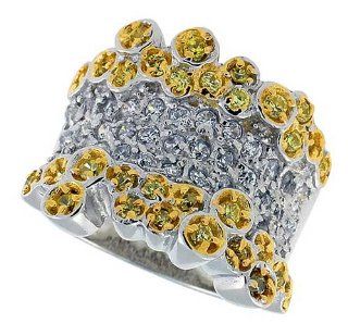 Sterling Silver & rhodium Plated Bubbles Band, w/ Tiny High Quality White & Citrine CZ's, 5/8" (16mm) wide, size 7: Rings: Jewelry