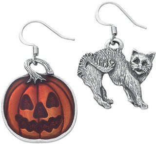 Scary Cat & Jackolantern Pewter Wire Earrings: Dangle Earrings: Jewelry