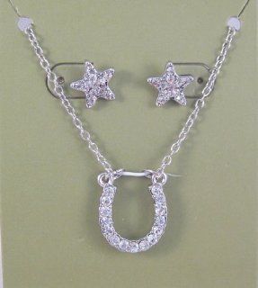 Stunning New Lucky Horsehoe & Star Crystal Necklace & Earring Set Jewelry