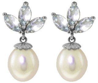 14k White Gold Freshwater Pearl Earrings with Aquamarines: Jewelry