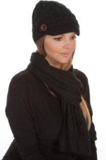 EHATES870VB   Womens 2 piece Cable Knitted Visor Beanie Scarf and Hat Set with Button Accent ( 8 Colors )   Black/One Size: Clothing