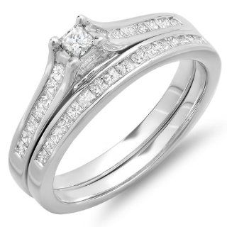 0.65 Carat (ctw) 10k White Gold Princess Diamond Ladies Bridal Ring Engagement Matching Wedding Band Set: Jewelry