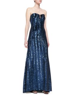 Womens Strapless Sequin Gown with Mesh Accent Bodice, Navy   Badgley Mischka