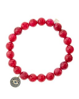 8mm Faceted Red Agate Beaded Bracelet with 14k Gold/Rhodium Diamond Small Evil