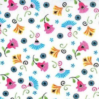 Madeline quilt fabric, Contemporary floral in white with orange, pink, and blue: