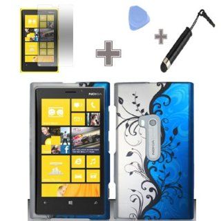 Rubberized Blue Black Silver Vine Flower Snap on Design Case Hard Case Skin Cover Faceplate with Screen Protector, Case Opener and Stylus Pen for Nokia Lumia 920   AT&T Cell Phones & Accessories