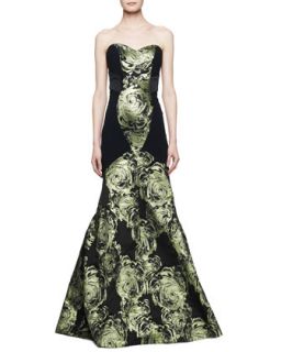 Womens Strapless Mermaid Gown with Large Rose Print, Black/Absinthe   Theia by