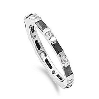Alternating Stones Eternity Baguette Emerald CZ Ring 3MM Sterling Silver 925: Jewelry