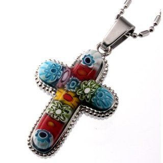 Melted Colorful Millefiori Venetian Murano Glass Cross Pendant: Jewelry