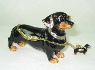 Black Dachshund Dog Figurine Austrian Cyrstal Jeweled Hinged Trinket Box w Pendant Necklace : Decorative Boxes : Everything Else